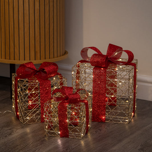 Set of 3 Gold Light Up Christmas Parcel Decorations with 90 Warm White LEDs