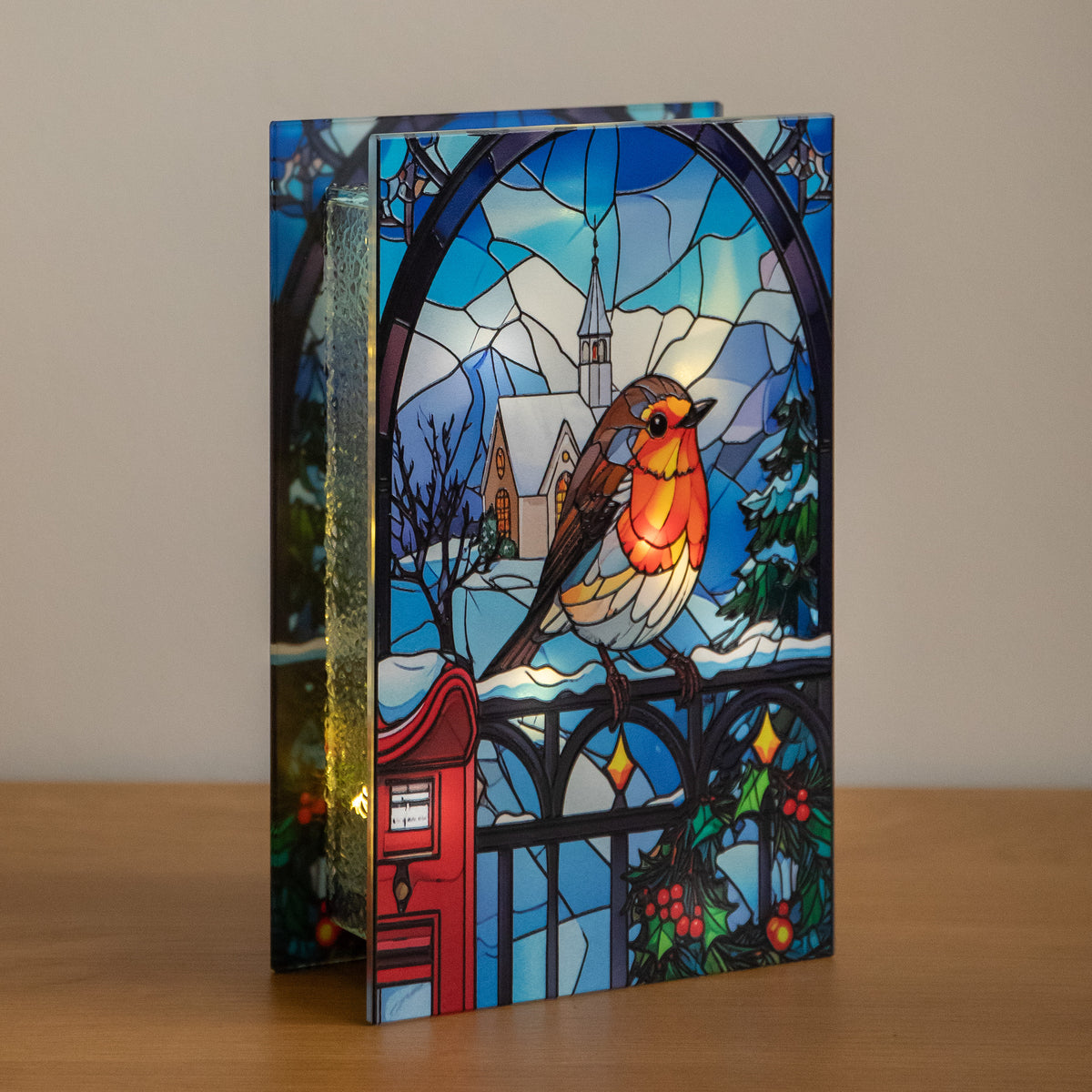 21cm Light Up Stained Glass Christmas Robin Decoration with LEDs
