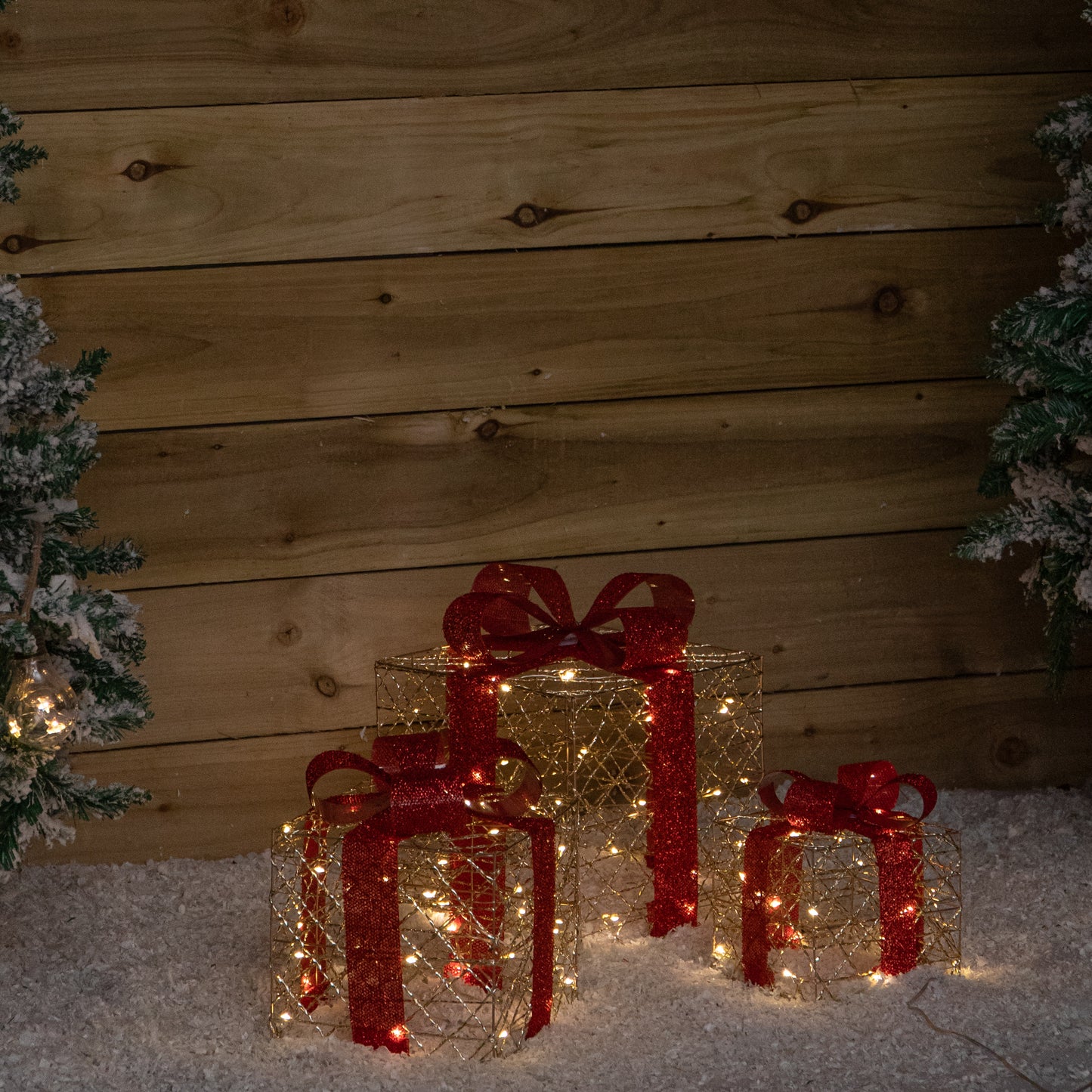 Set of 3 Gold Light Up Christmas Parcel Decorations with 90 Warm White LEDs