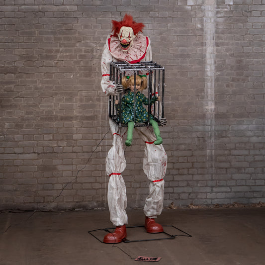 7ft Tall Giant Cagey The Clown with Girl Halloween Animatronic Decoration