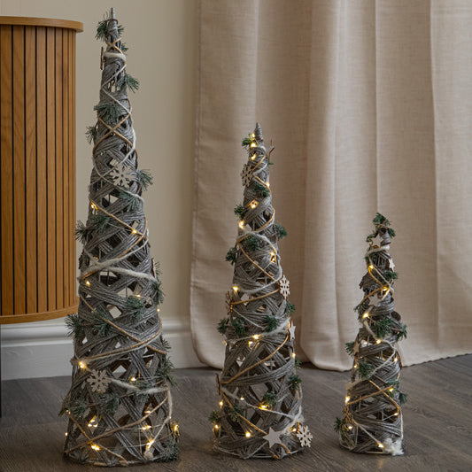 Set of 3 Light up Snow Christmas Cone Trees with 90 Warm White LEDs