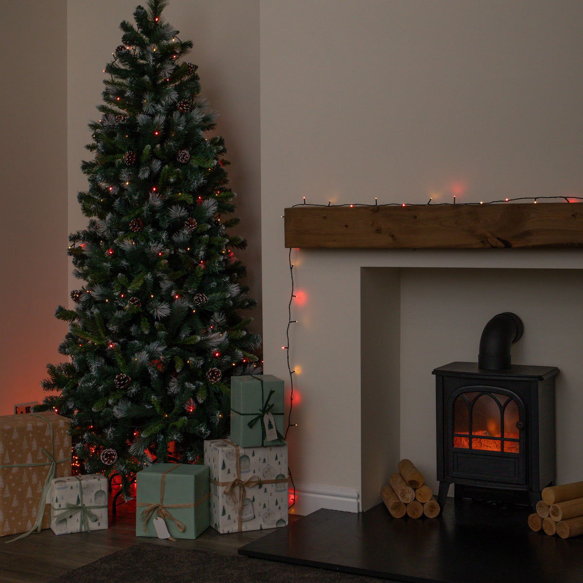 20m 200 LED Multi-Action Christmas String Lights in Antique White & Red