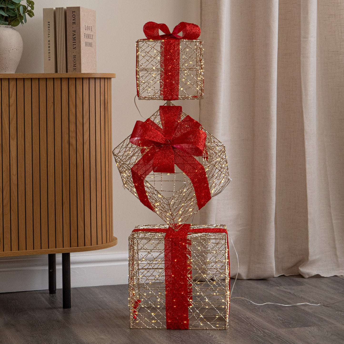 96cm Gold Light Up Christmas Parcel Stack with 500 Warm White LEDs & Timer