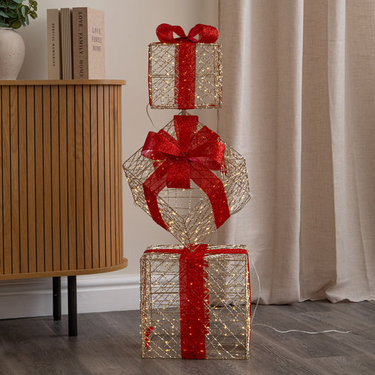 96cm Gold Light Up Christmas Parcel Stack with 500 Warm White LEDs & Timer