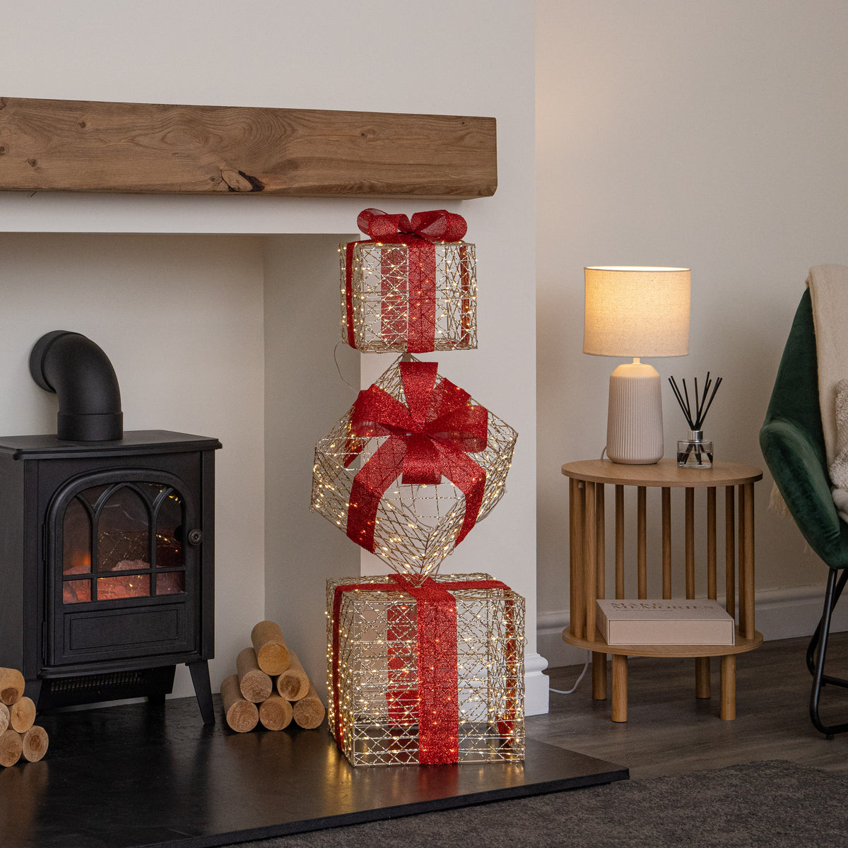 96cm Gold Light Up Christmas Parcel Stack with 500 Warm White LEDs & Timer