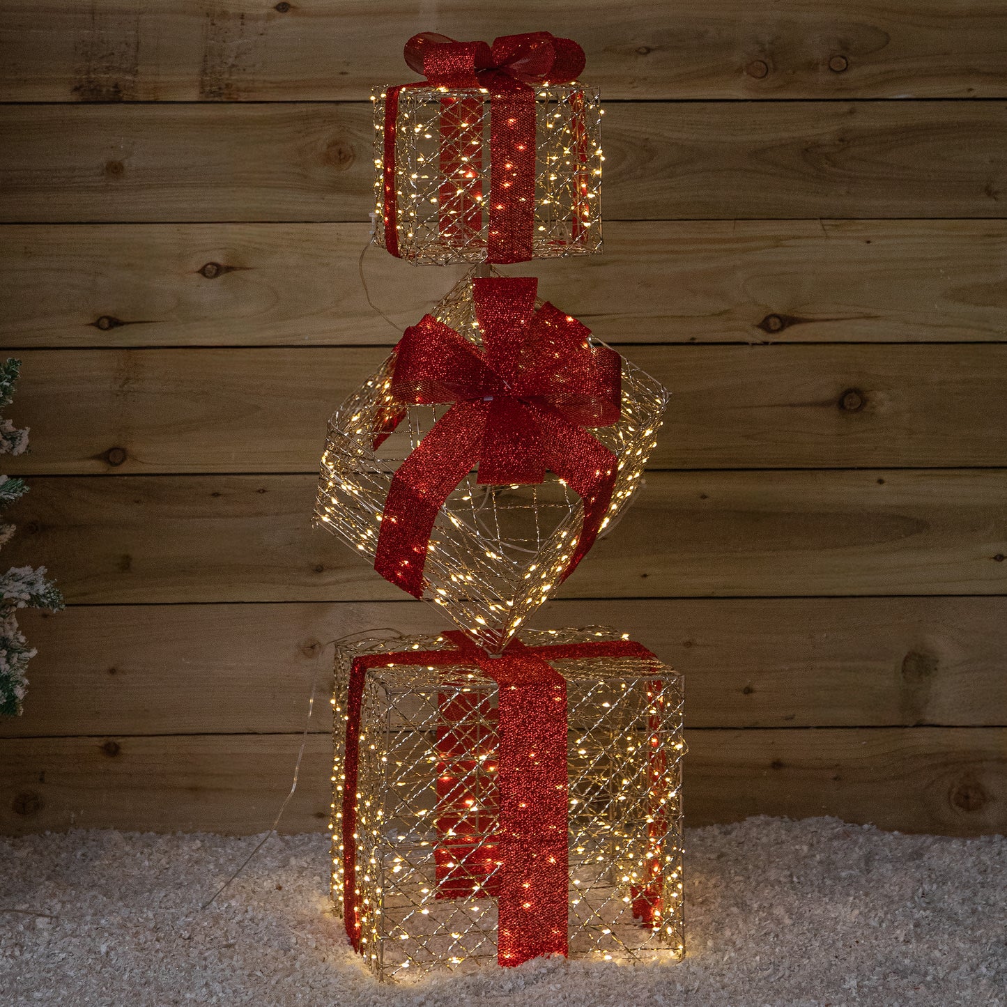 96cm Gold Light Up Christmas Parcel Stack with 500 Warm White LEDs & Timer