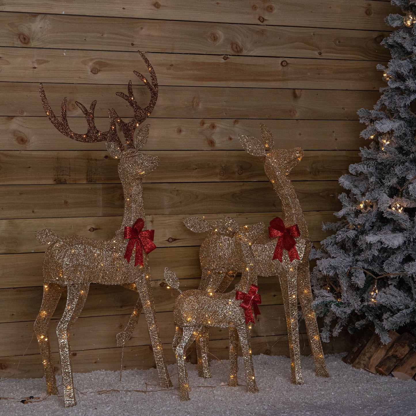 Set of 3 Gold Glitter Light Up Reindeer Family with 210 Warm White LEDs & Timer