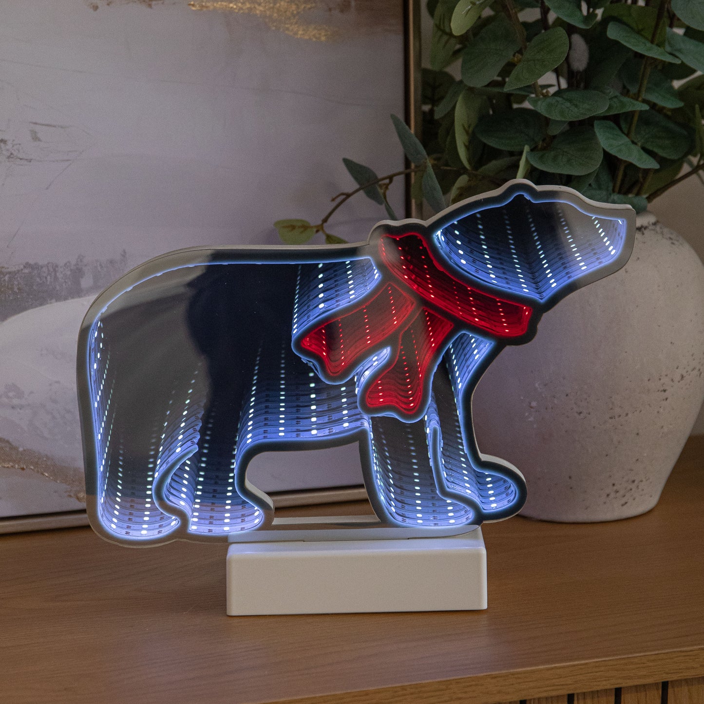 27cm Polar Bear Infinity Mirror Light Up Decoration with Red & White LEDs