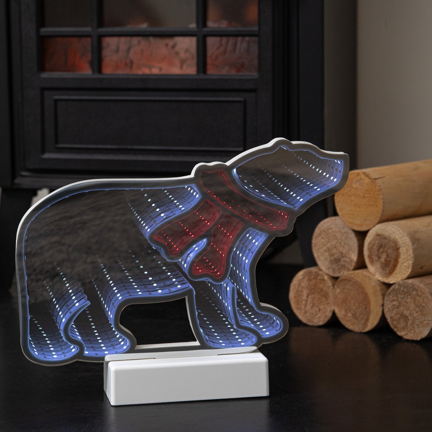 27cm Polar Bear Infinity Mirror Light Up Decoration with Red & White LEDs