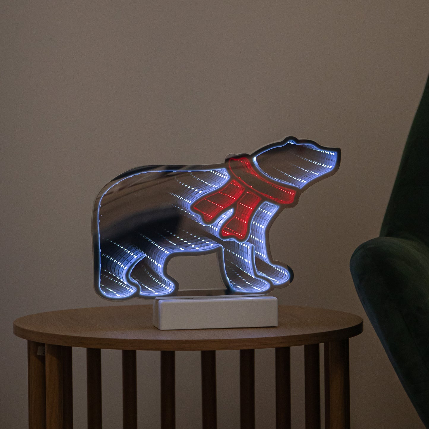27cm Polar Bear Infinity Mirror Light Up Decoration with Red & White LEDs