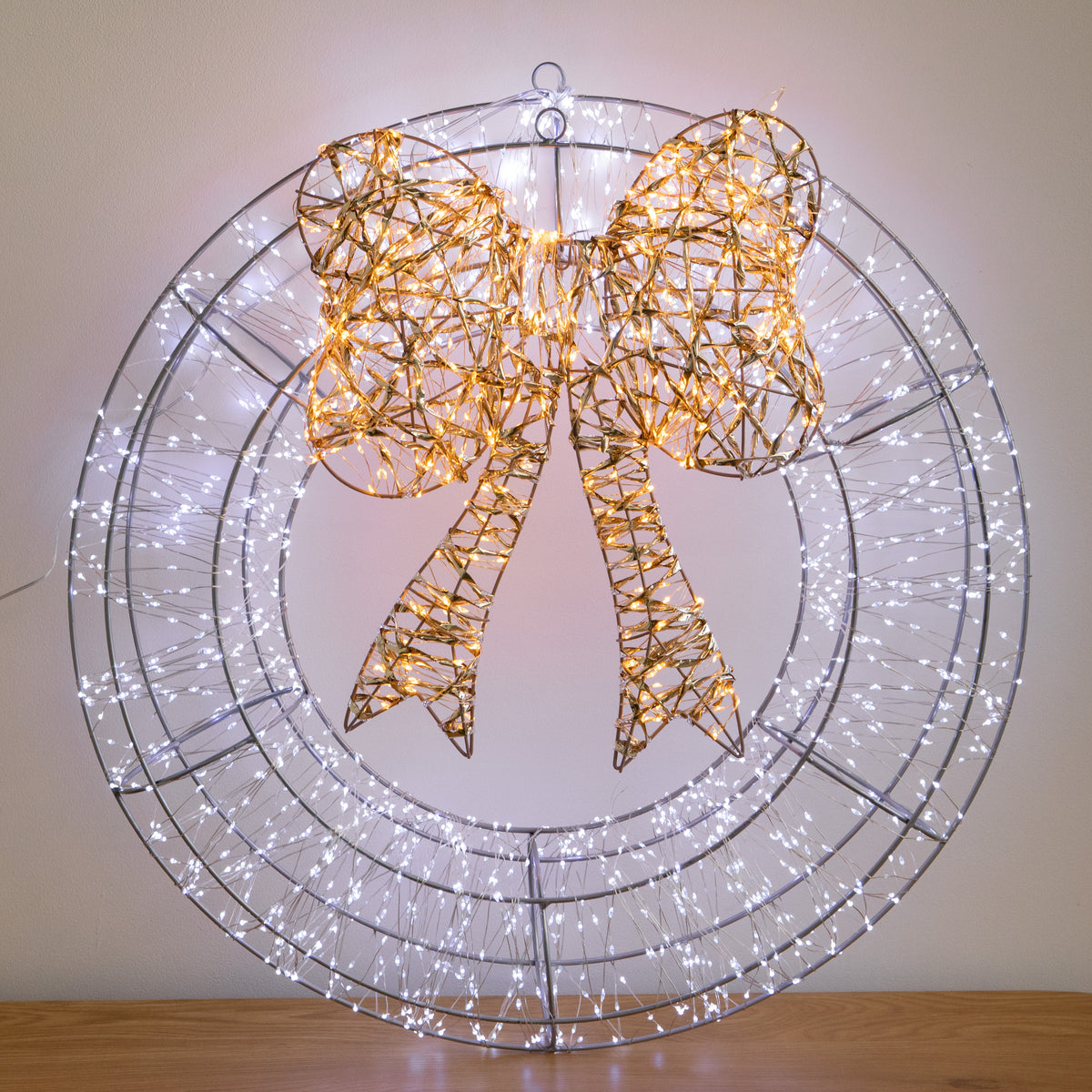 60cm Galaxy Light Up Christmas Wreath with Bow & Cool White 2000 LEDs