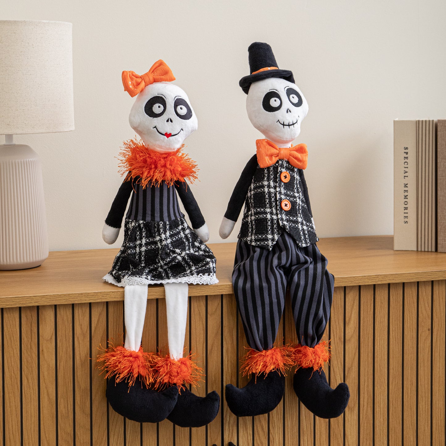 Choice of Design: Mr or Mrs Bones Seated Halloween Decoration with Dangly Legs