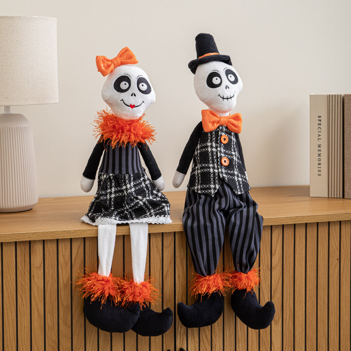 Choice of Design: Mr or Mrs Bones Seated Halloween Decoration with Dangly Legs