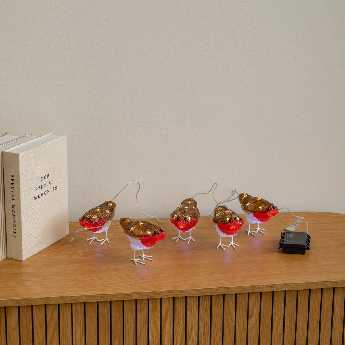 Set of 5 Battery Powered Light Up Acrylic Christmas Robins with White LEDs