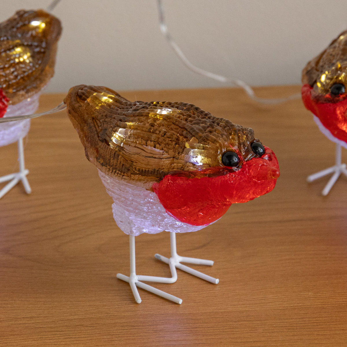 Set of 5 Battery Powered Light Up Acrylic Christmas Robins with White LEDs