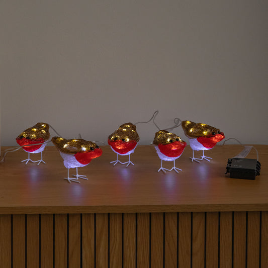 Set of 5 Battery Powered Light Up Acrylic Christmas Robins with White LEDs
