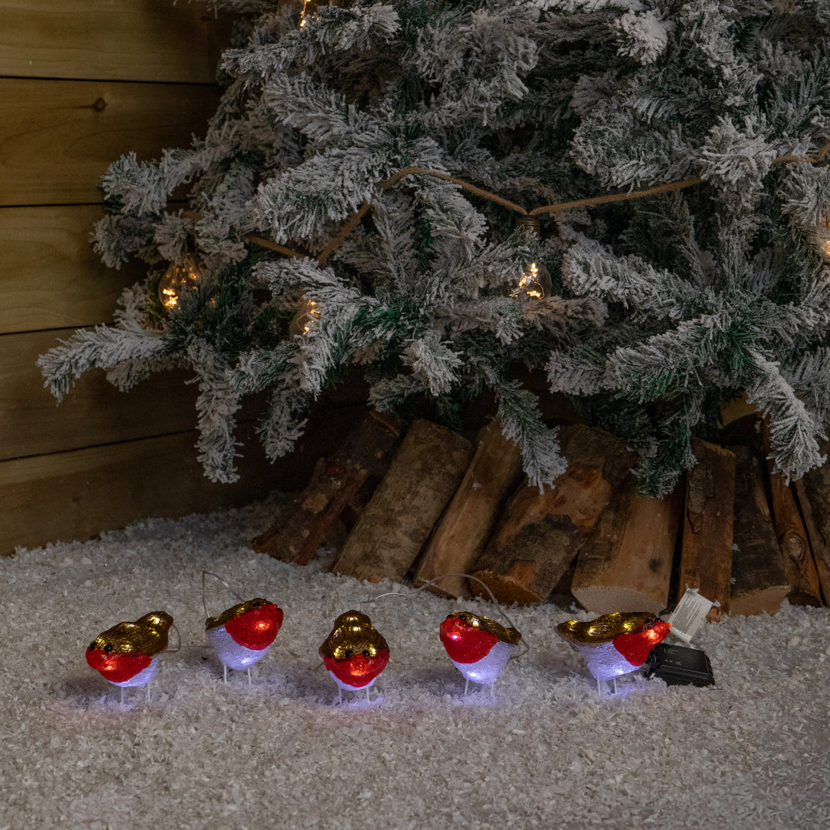Set of 5 Battery Powered Light Up Acrylic Christmas Robins with White LEDs