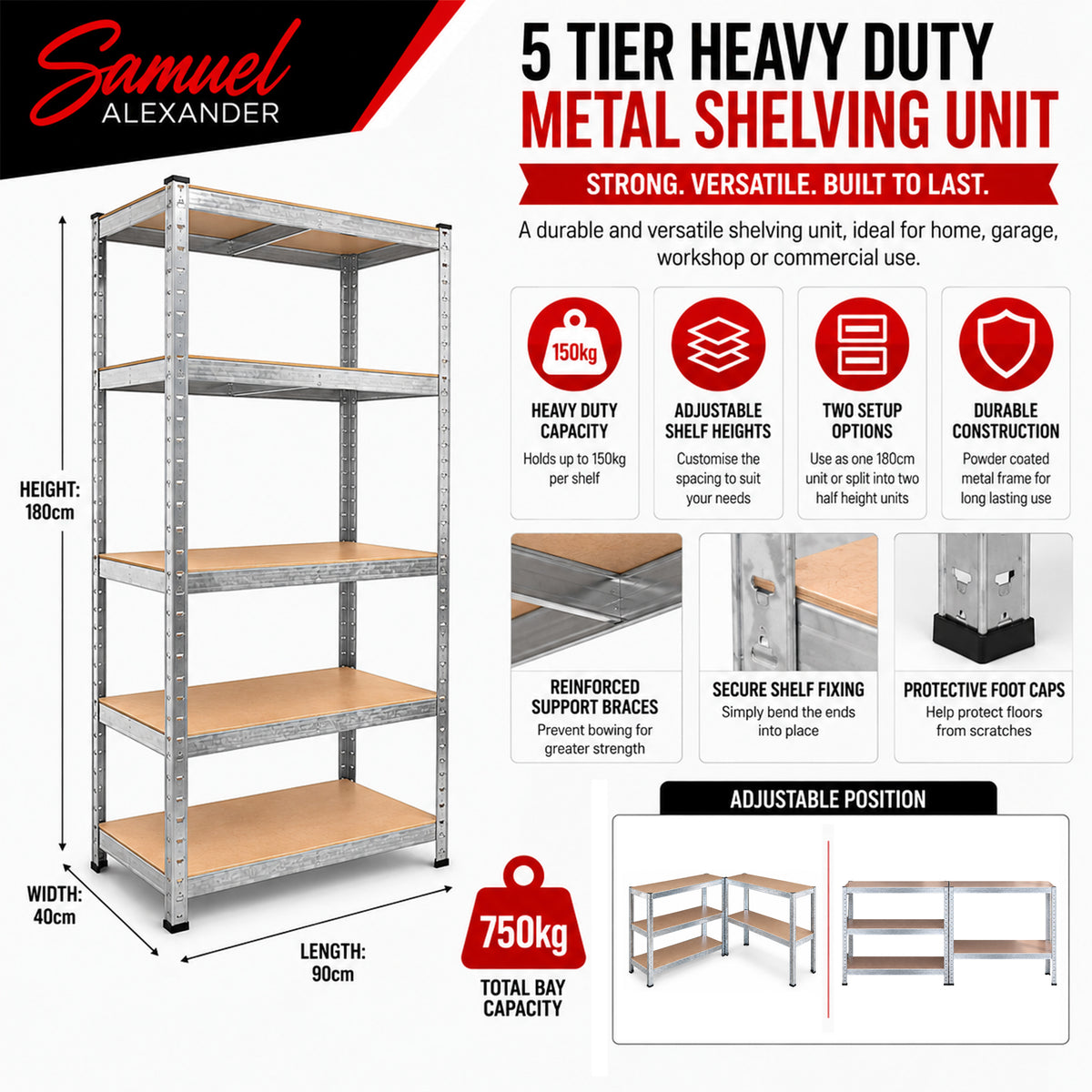 Set of 2 0.9m x 1.8m 5 Tier Heavy Duty Metal Shelving Storage Racking Unit