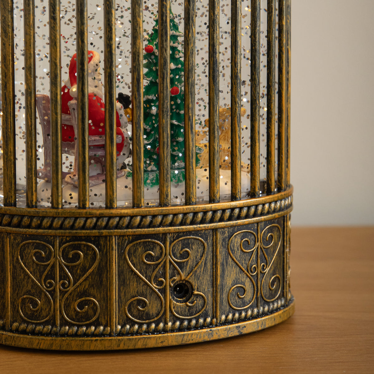 24cm Dual Powered Light up Bird Cage Christmas Water Spinner with Santa