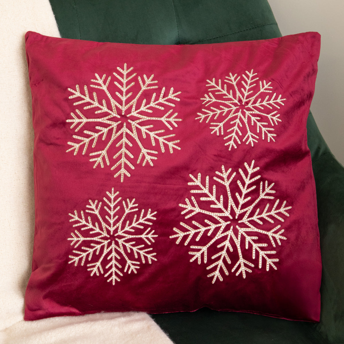 44cm Burgundy & Gold Snowflake Soft Christmas Cushion