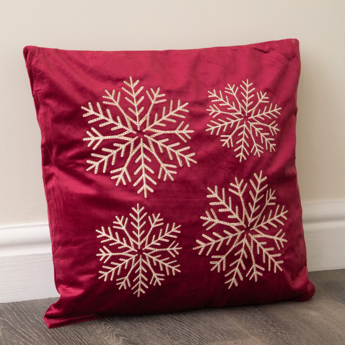 44cm Burgundy & Gold Snowflake Soft Christmas Cushion