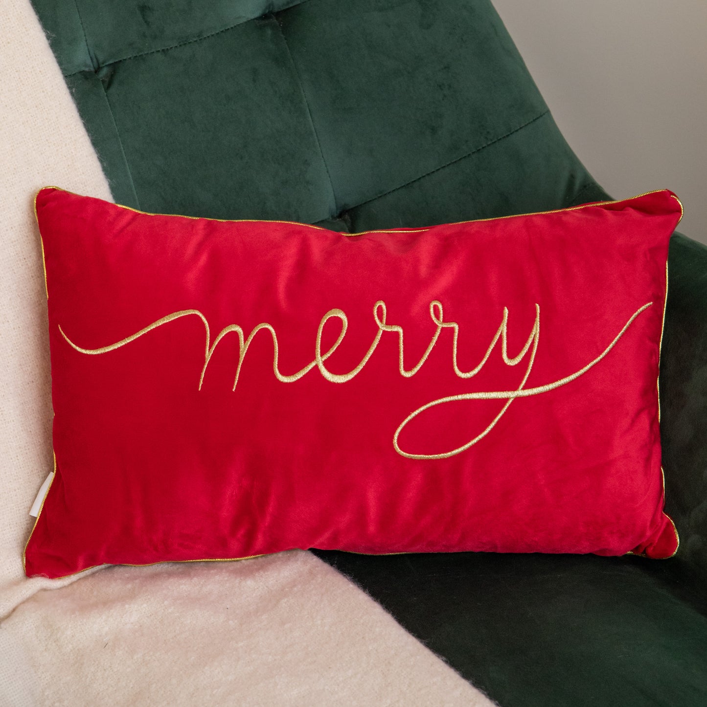 49cm Red Merry Christmas Cushion with Gold Lettering & Trim