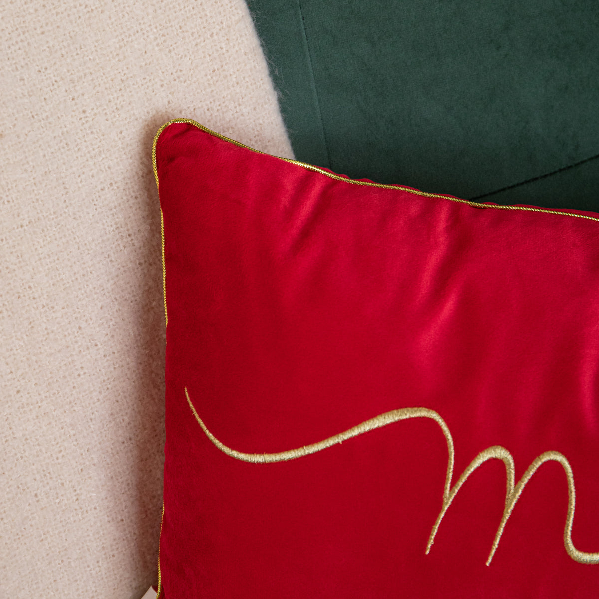 49cm Red Merry Christmas Cushion with Gold Lettering & Trim
