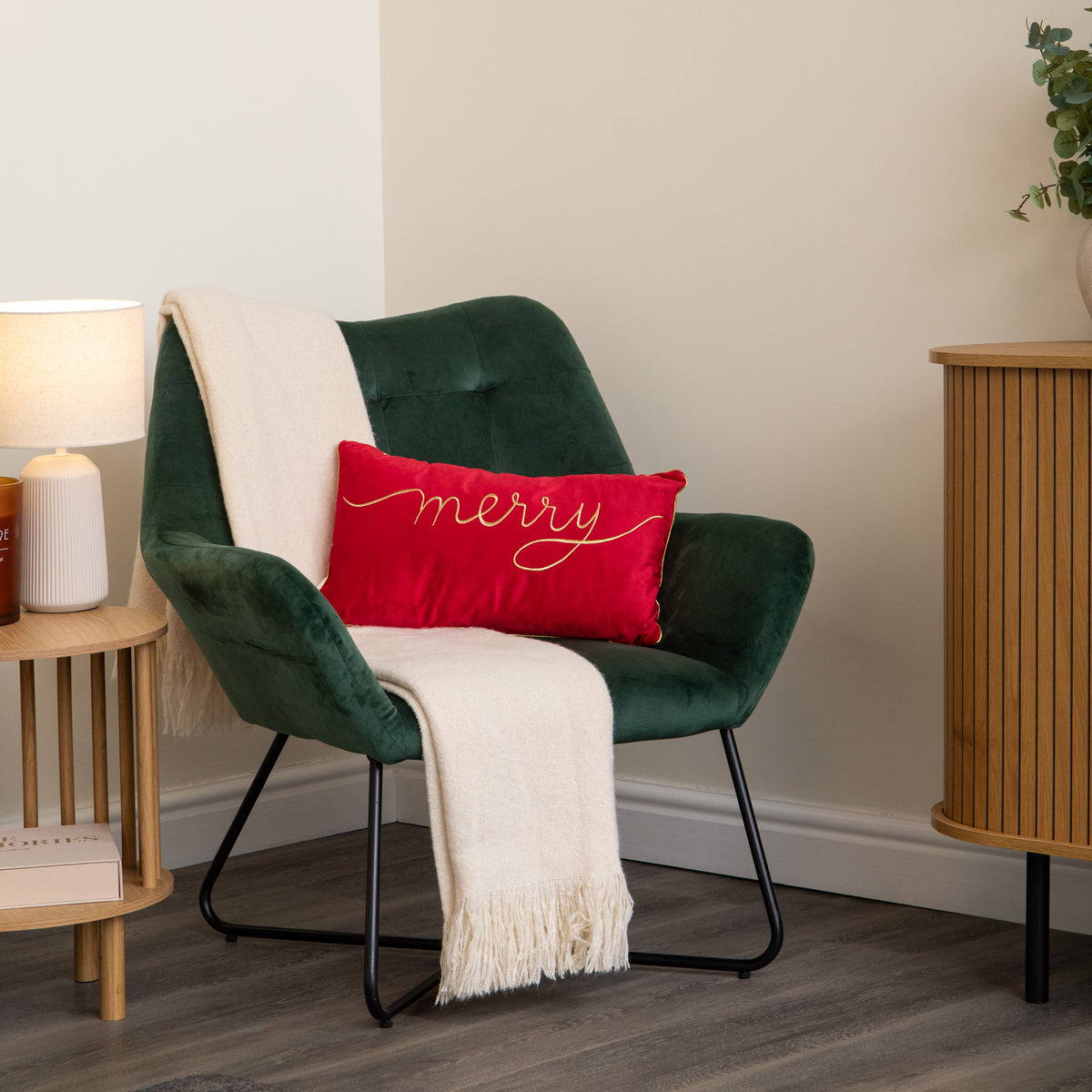 49cm Red Merry Christmas Cushion with Gold Lettering & Trim