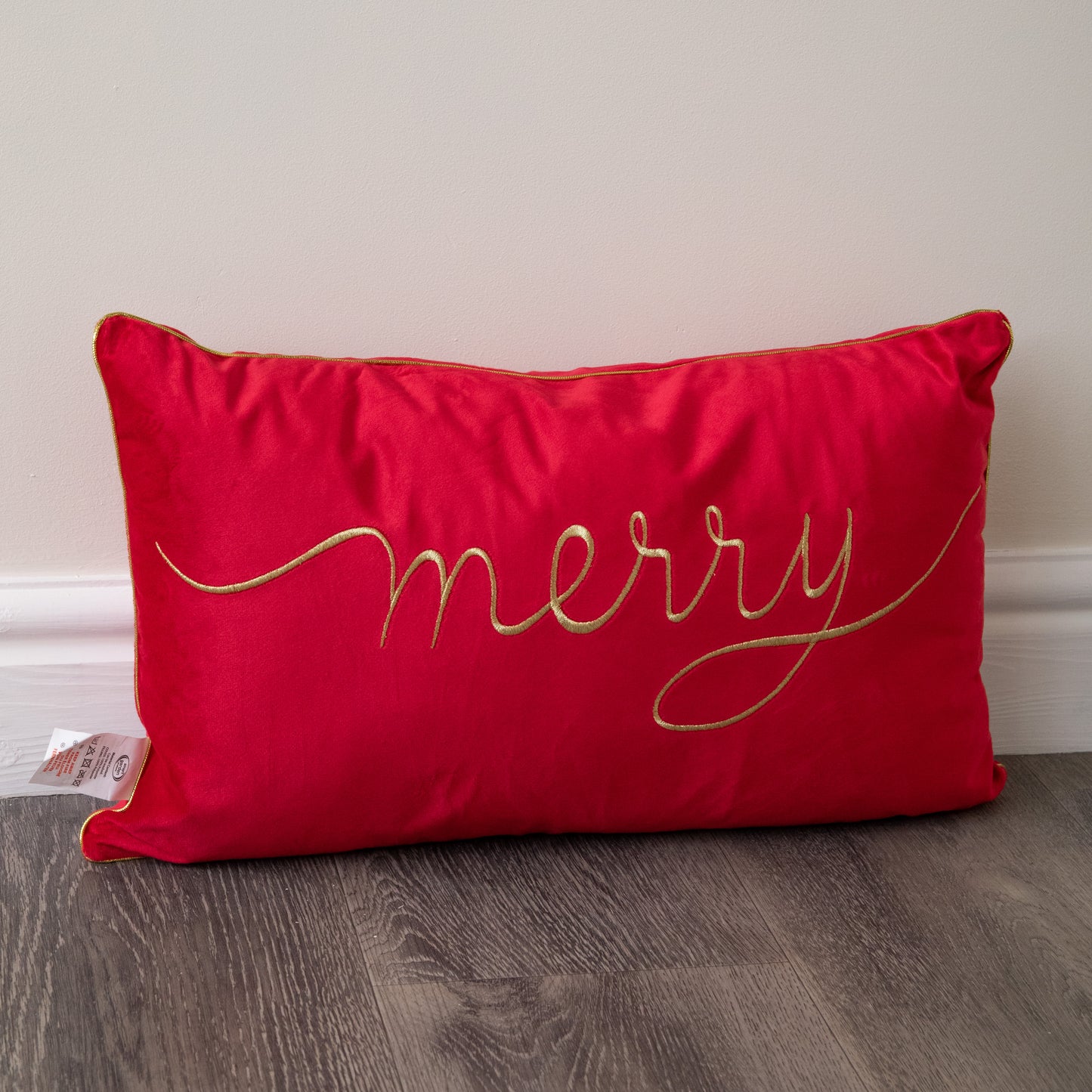 49cm Red Merry Christmas Cushion with Gold Lettering & Trim