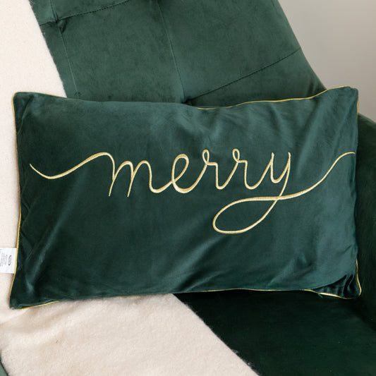 49cm Dark Green Christmas Decorative Merry Cushion with Gold Detail