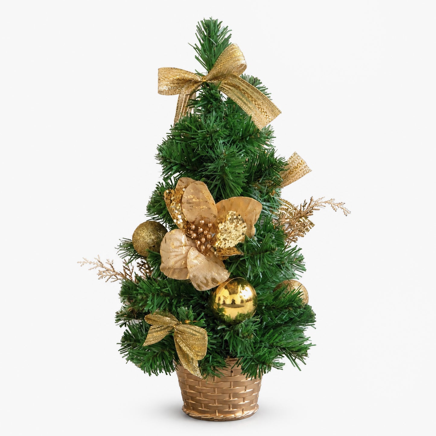 40cm Golden Fir Mini Christmas Tree with Gold Baubles, Ribbons & Poinsettias