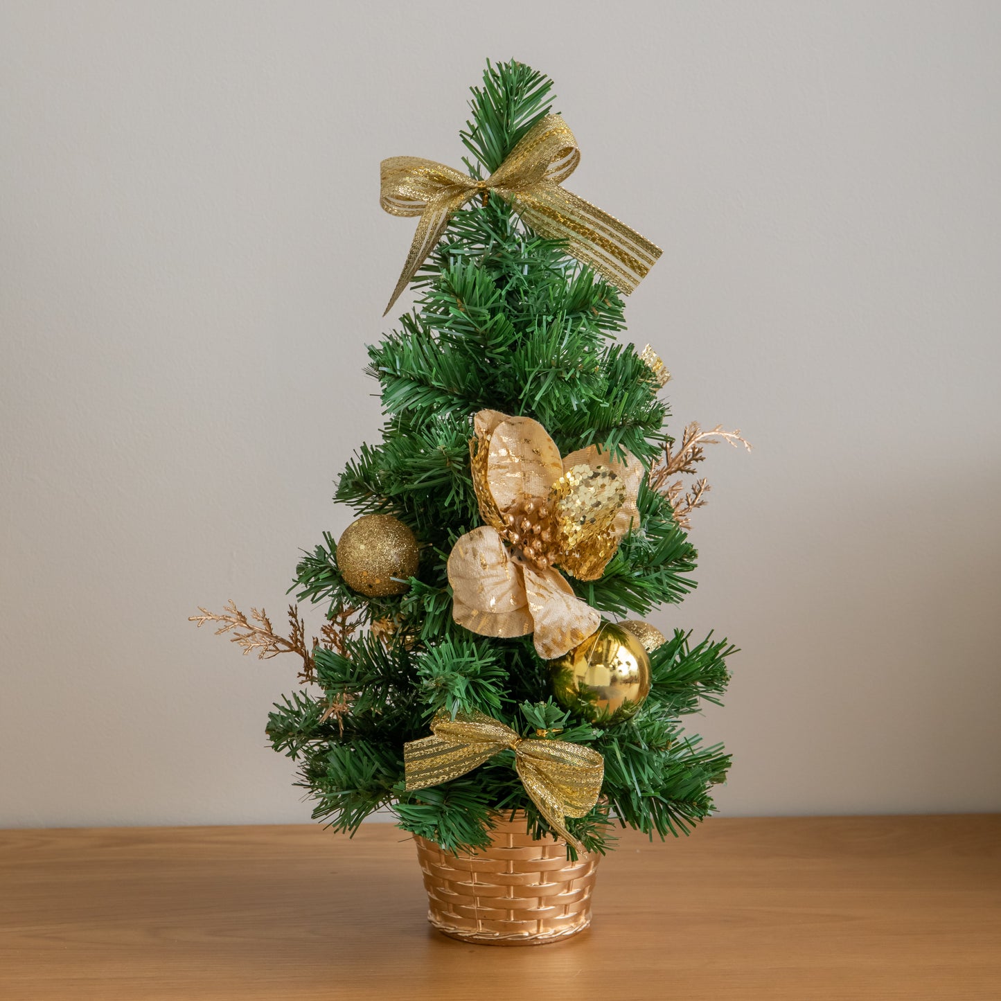 40cm Golden Fir Mini Christmas Tree with Gold Baubles, Ribbons & Poinsettias