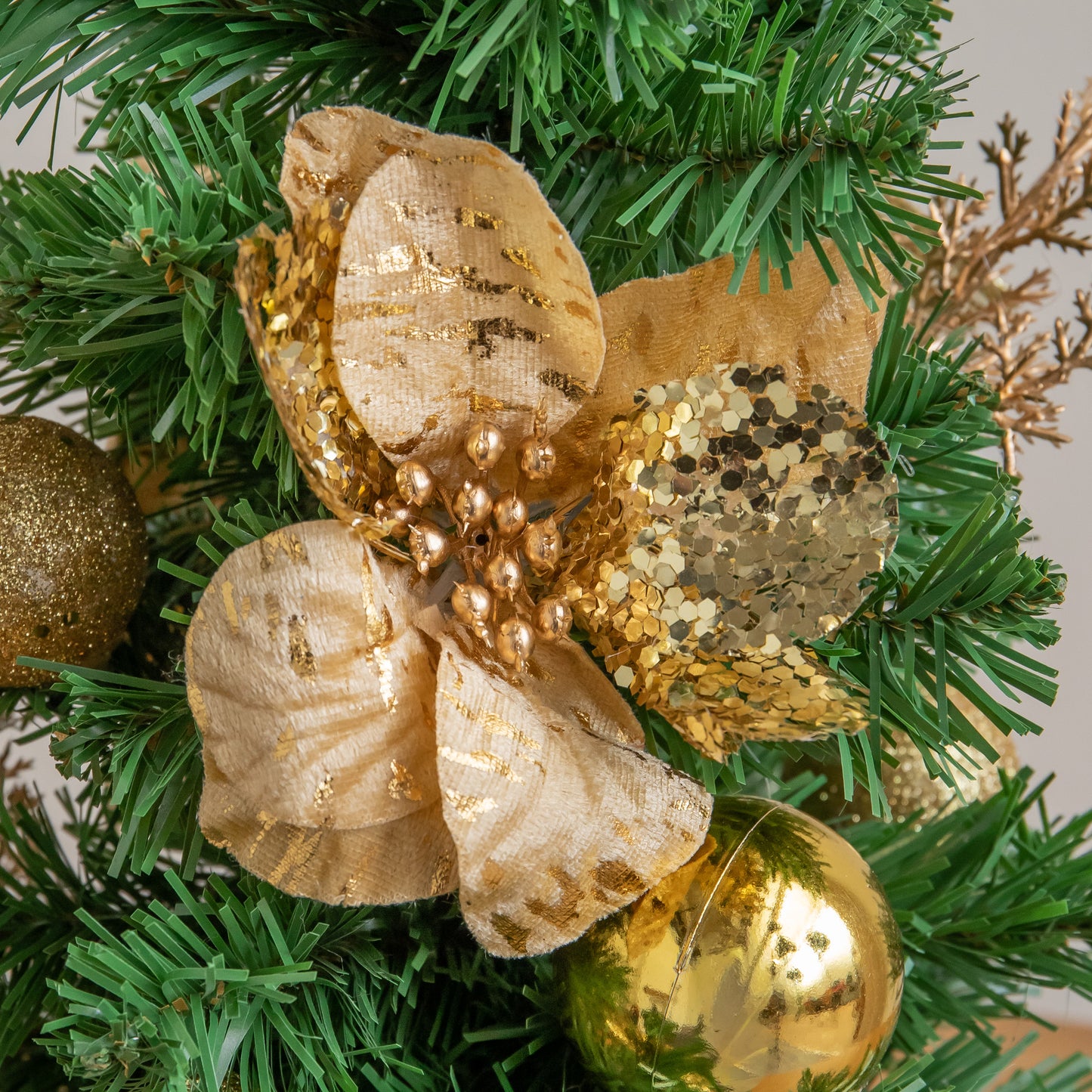 40cm Golden Fir Mini Christmas Tree with Gold Baubles, Ribbons & Poinsettias