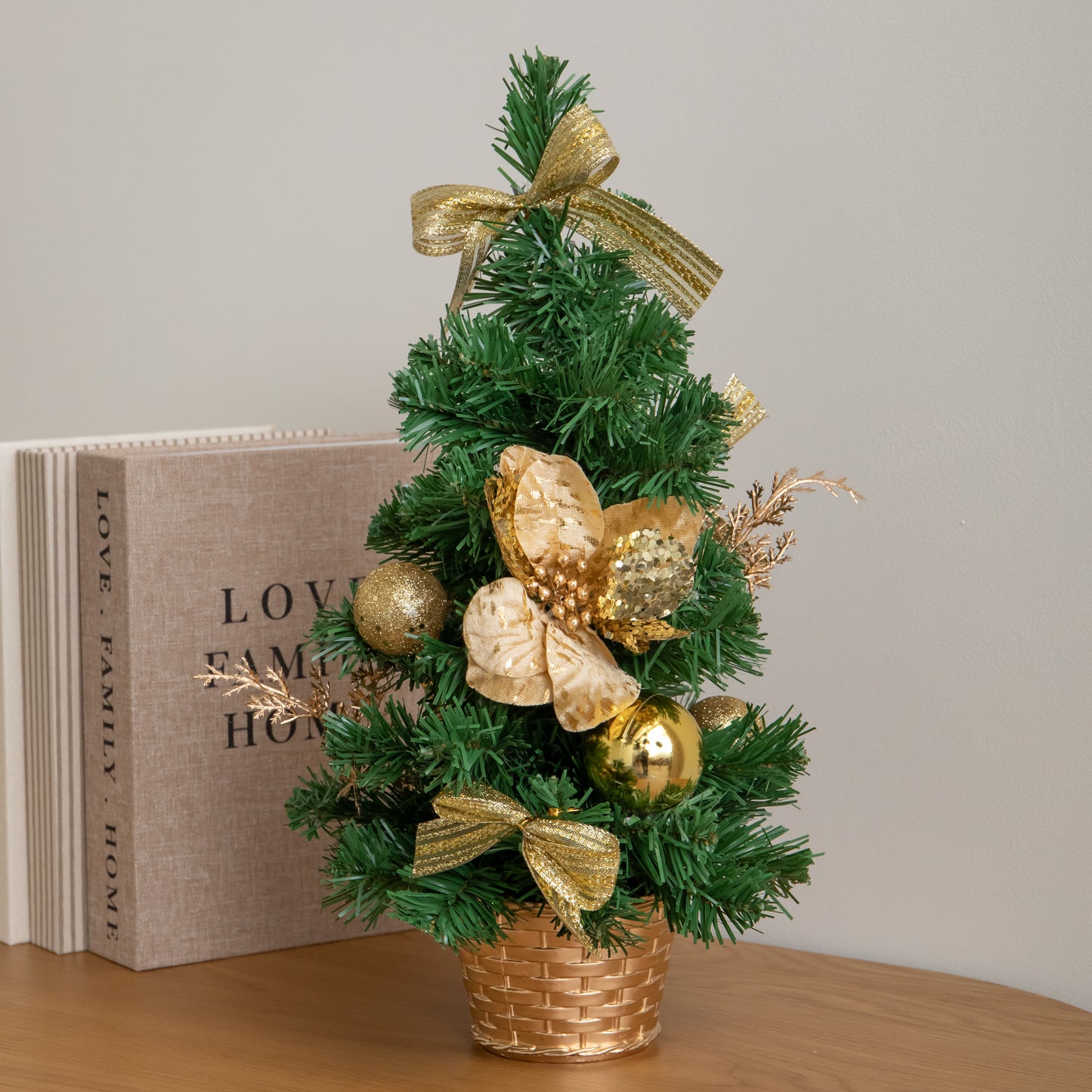 40cm Golden Fir Mini Christmas Tree with Gold Baubles, Ribbons & Poinsettias