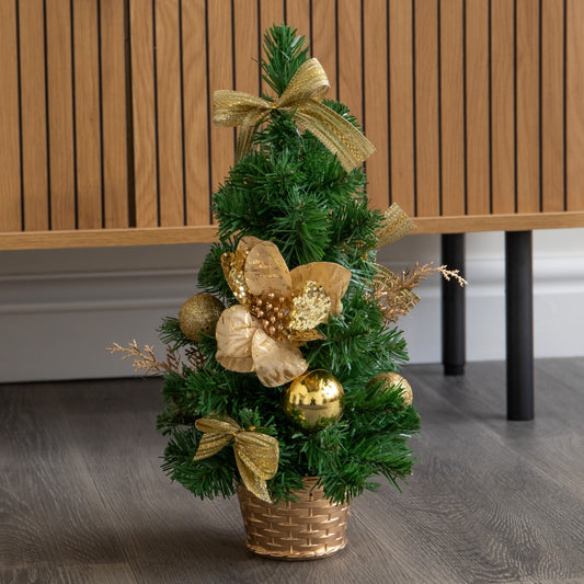 40cm Golden Fir Mini Christmas Tree with Gold Baubles, Ribbons & Poinsettias