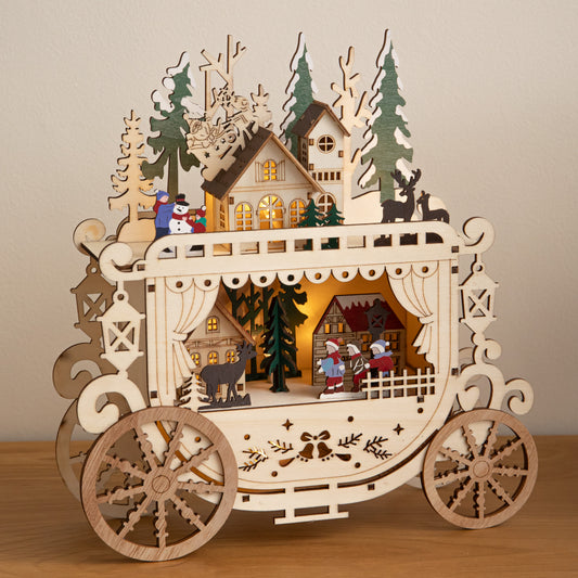 25cm Light Up Wooden Christmas Carriage Village with Warm White LEDs