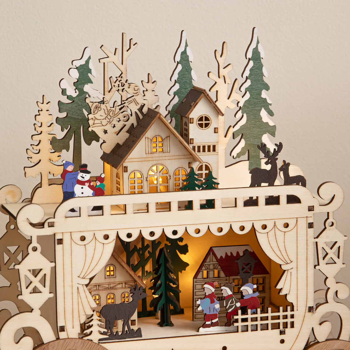 25cm Light Up Wooden Christmas Carriage Village with Warm White LEDs