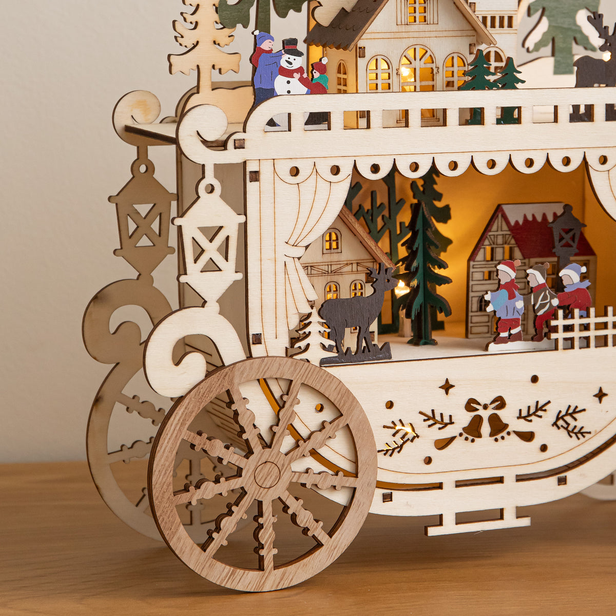 25cm Light Up Wooden Christmas Carriage Village with Warm White LEDs