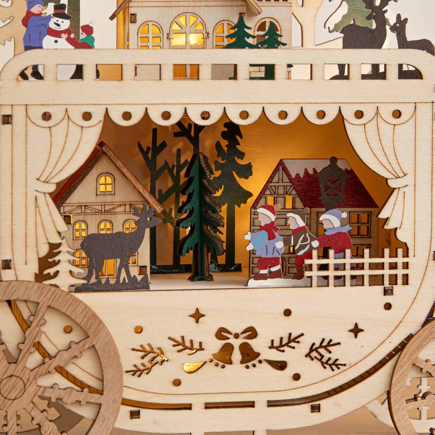 25cm Light Up Wooden Christmas Carriage Village with Warm White LEDs
