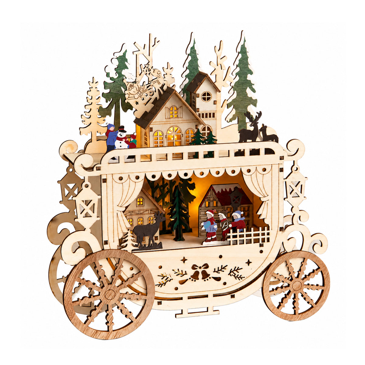 25cm Light Up Wooden Christmas Carriage Village with Warm White LEDs