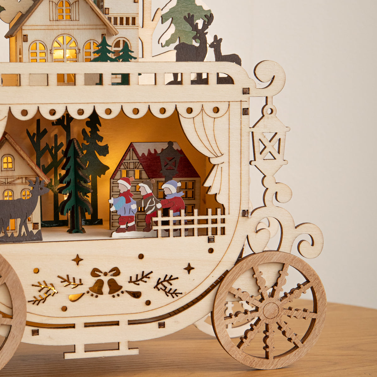 25cm Light Up Wooden Christmas Carriage Village with Warm White LEDs