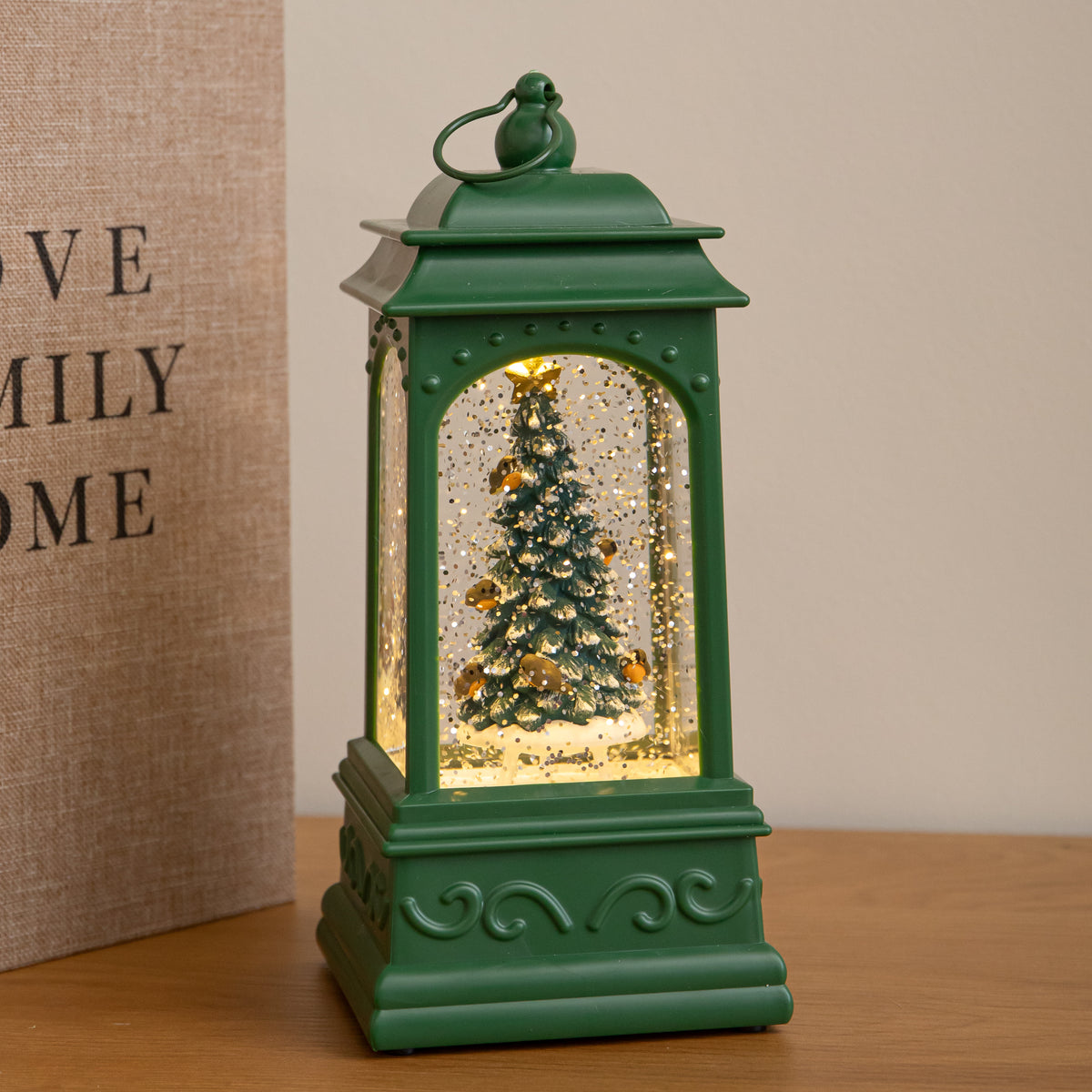 21cm Dual Powered Green Christmas Tree Water Spinner Lantern with Warm White LED