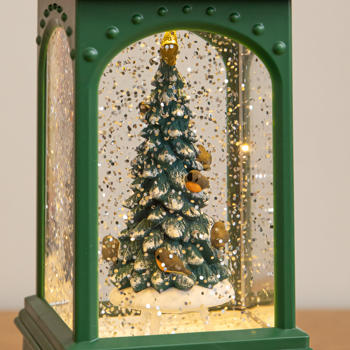 21cm Dual Powered Green Christmas Tree Water Spinner Lantern with Warm White LED