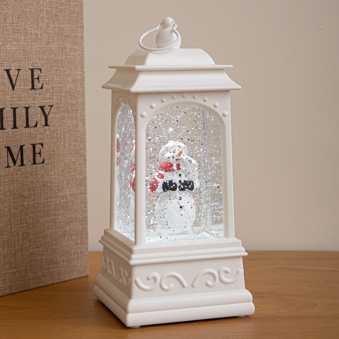 21cm Dual Powered White Snowman Christmas Water Spinner Lantern with White LED