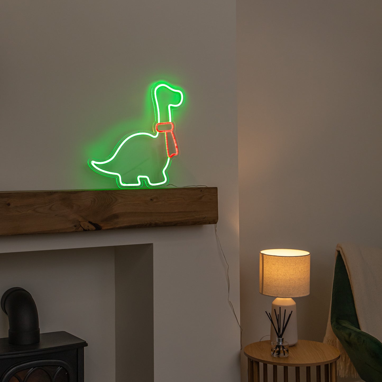 43cm Light up Green & Red Neon Dinosaur Christmas Light with Scarf & Stand