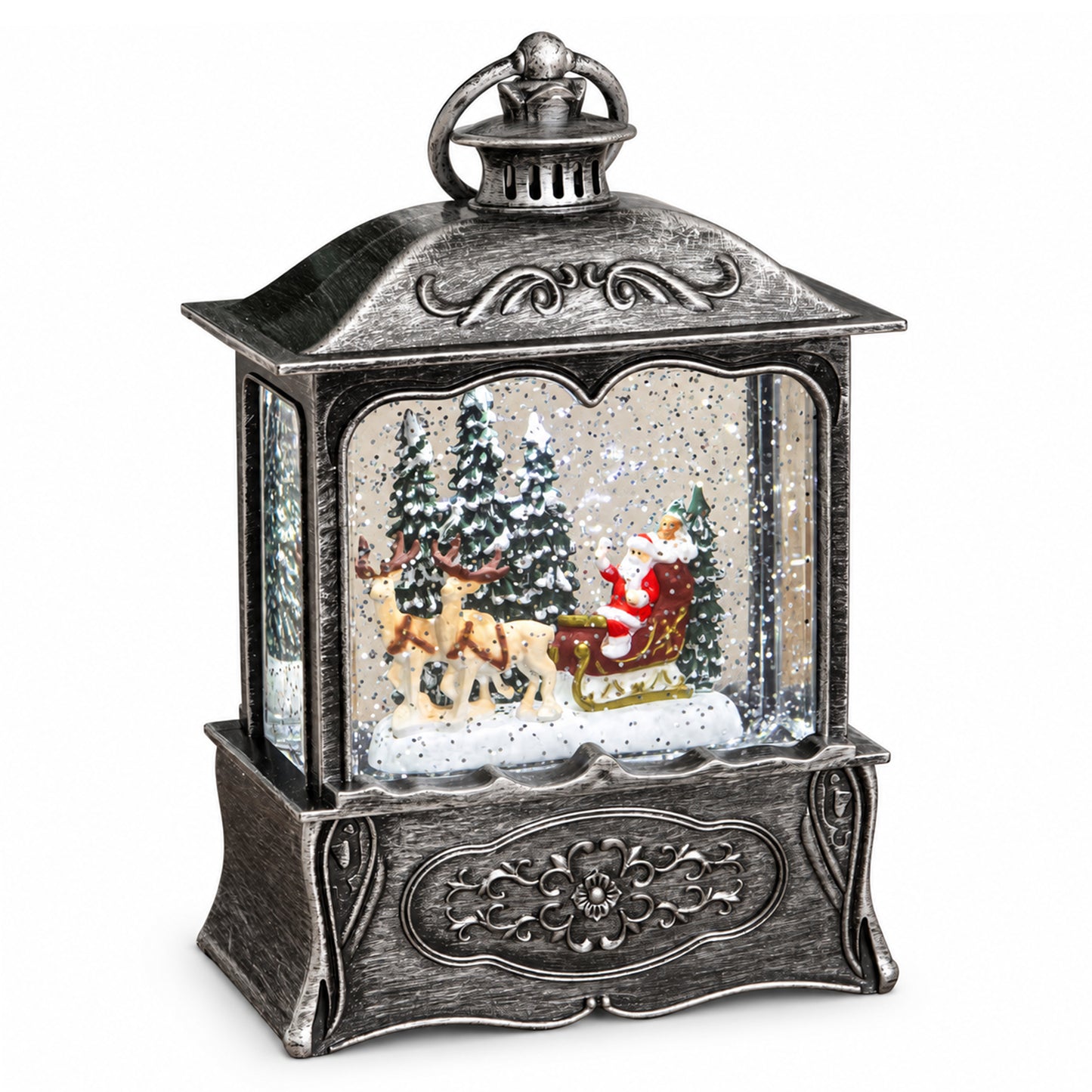 22cm Dual Powered Silver Santa Sleigh Christmas Water Spinner Lantern