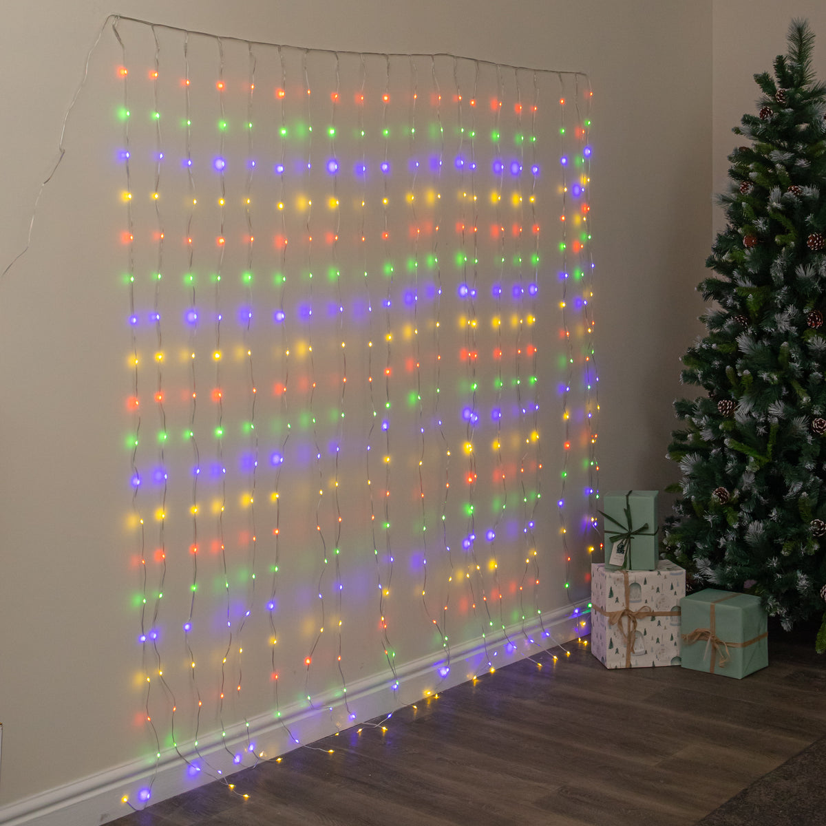 2m x 2m TwoTone Warm White & Multi-Coloured Curtain Net with 400 LEDs