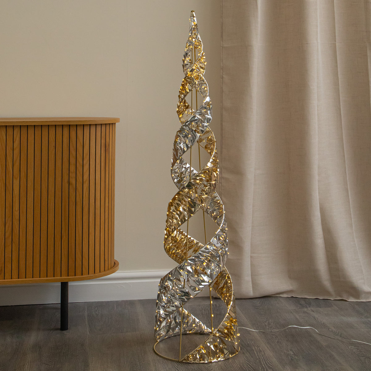 120cm Silver & Gold Helix Christmas Cone Tree with Warm White LEDs