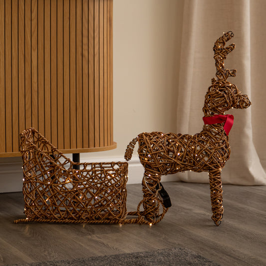 82cm Battery Powered Light Up Rattan Reindeer & Sleigh with 120 LEDs and Timer