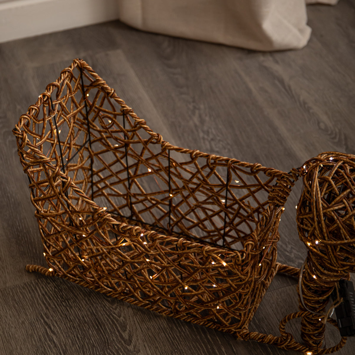 82cm Battery Powered Light Up Rattan Reindeer & Sleigh with 120 LEDs and Timer